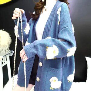 GORGEOUS SHADE OF BLUE DEEP V CARDIGAN TORTOUISE BUTTONS SHEEP MOTIF ALL OVER